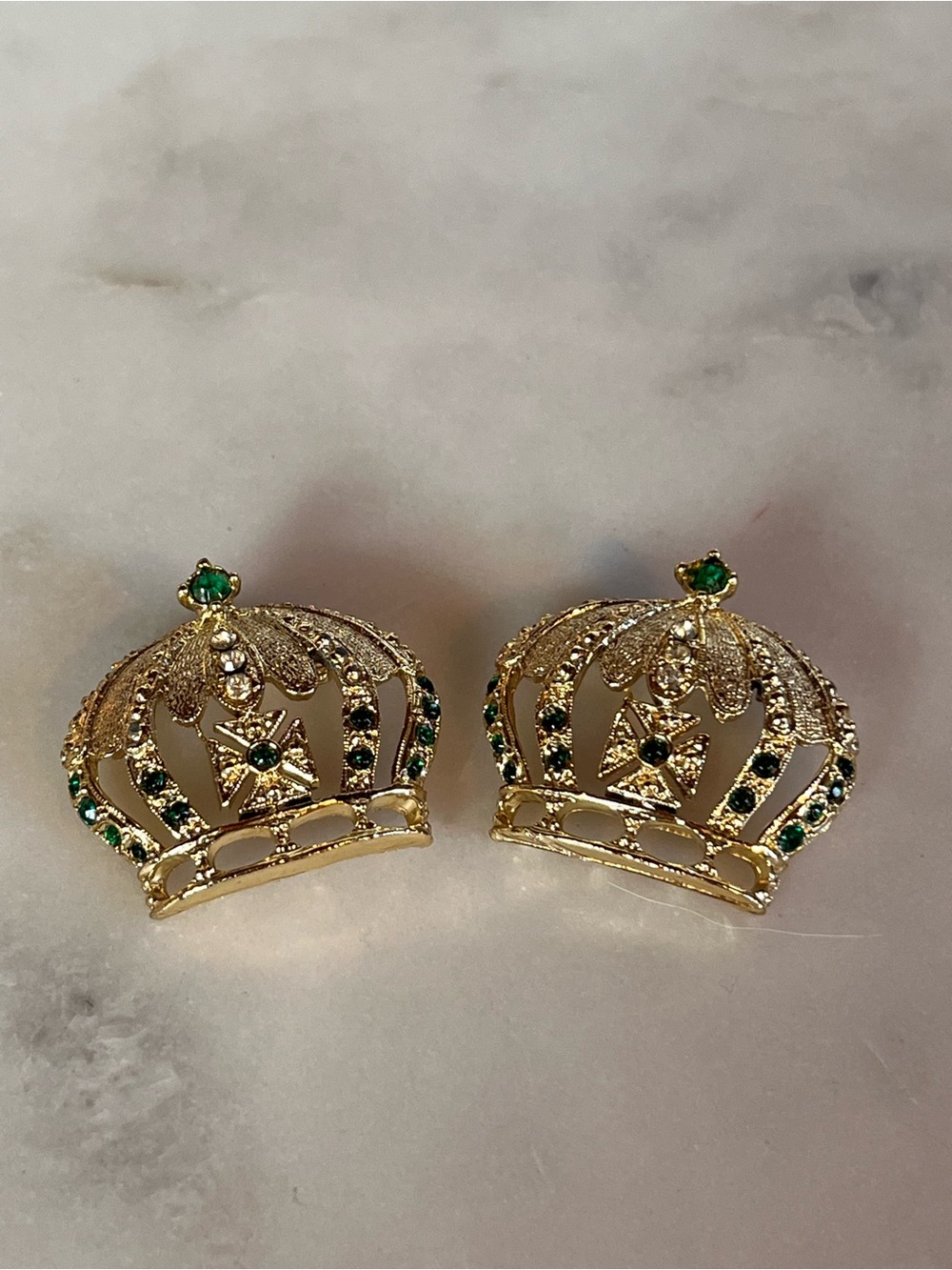 Vintage Gold-Tone Crown Brooch Pins Set of 2 with Emerald Green & Clear Rhinesto